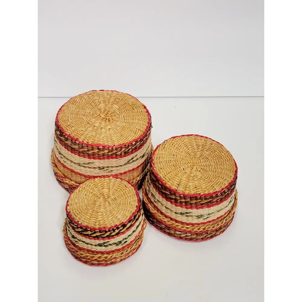 Vintage Set of 3 Chinese Sweetgrass Covered Nesting Baskets Rare